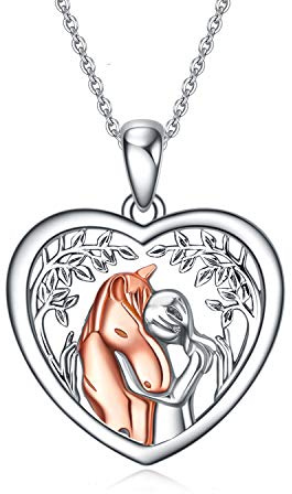 YFN 925 Sterling Silber Pferd Anhänger Halskette Mädchen Umarmung Pferd Geschenk für Mädchen Jungen Pferdeliebhaber (Rosenpferd mit Baumkette)