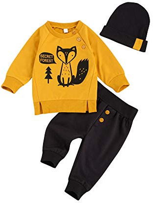 Loalirando 3 PCS Completo Bambino Neonato Felpa Senza Cappuccio Stampa Animali dei Cartoni Animati+Pantaloni Sportivi+Cappello per Neonato (Giallo, 18-24 Mesi)