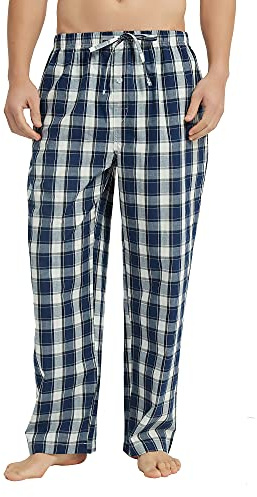 Vulcanodon Men's Cotton Woven Pajama Pants, Soft Lounge Pajama Pants with big pockets for Men Plaid Pj Bottoms (Navy, L)