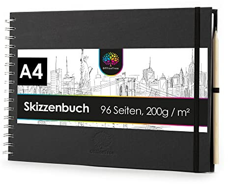 OfficeTree Skizzenbuch A4 Spiralbindung - Querformat - 96 Seiten 48 Blätter - Sketchbook A4 200g - Weißes Blanko Papier - Skizzenbuch Aquarell - Skizzenheft inklusive Bleistift