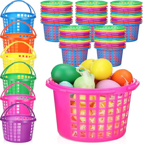 Honeydak 24 Pcs Easter Baskets Bulk for Kids 6.7 x 6.7 Small Mini Plastic Easter Buckets Basket Essentials Colorful with Handle for Kids Spring Eggs Hunts Party Favor Gifts