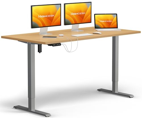 KRIEG HighDesk SMART Höhenverstellbarer Schreibtisch 120 x 80 cm I Silber + Buche - Elektrischer Sitz- & Stehtisch mit Tischplatte - Stehschreibtisch Elektrisch Höhenverstellbar