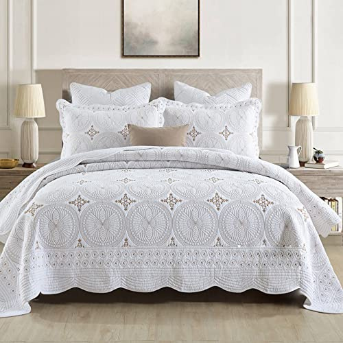 XIUWOUG Couvre Lit Boutis Jeté De Lit Matelassé 3 PièCes avec 2 Taies d'oreiller, Literie Dessus de Lit 2 Personnes DéCoratif Couvre-Lit Brodé Pliable en éTé,Blanc,230x250cm