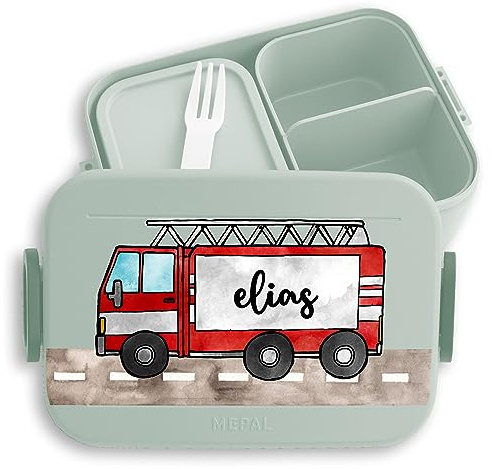 Kinder Bento Box Midi für Mepal Bentobox - Brotbox Feuerwehrauto Lunchbox Feuerwehr Vesperdose Feuerwehrmann I - 900 ml - Sage Grün - geschenke brotdose krippe junge feuerwehrgeschenk butterdose
