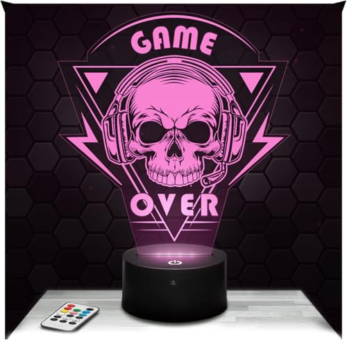 Lampephoto.fr - Lampe Game Over 3D Nachtlicht Videospiele | Made in France, Sockel wählbar, dimmbar, Batterie/USB, HD-Lasergravur, Geschenk für Gamer & Geeks