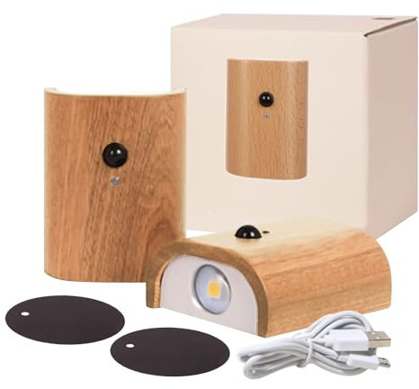 2PCS Motion Sensor Wooden Wall Lights, 360° Adjustable Body Sensor Lamp Rechargeable Motion Sensor Lamp for Hallway, Living Room, Bedroom (Beech Wood Color(Sensing Mode))