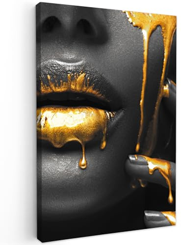 MuchoWow© Bilder Groß XXL Wohnzimmer Deko Modern Wandbild Foto auf Leinwand | 80x120 cm - Bild Schlafzimmer Room Decor Geschenke Frau - Schwarz - Gold - Gesicht - Lippen
