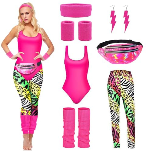 DAZZTIME 80er Jahre Outfit Damen,Damen 80er Jahre Workout Kostüm,80er Jahre Accessoires,90er Jahre Outfit,mit Bauchtasche,Stirnband,Beinwärmer,für Karneval,Halloween,Fasching,Mottoparty