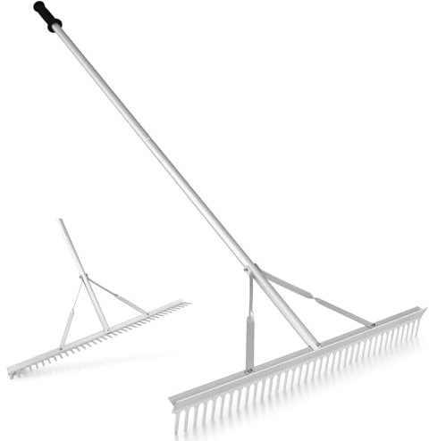 GYMAX Rastrello da Giardino, Scopa in Alluminio con 36 Denti, Testa da 91 cm e Manico da 174 cm, Strumento a Doppia Faccia per Allentare e Livellare il Terreno, Adatto a Prato, Cortil, Argento