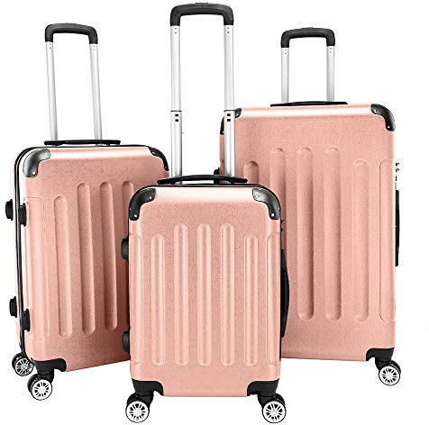 LEADZM Set de 3 Valises de Voyage (Grande Taille & Cabine), Lot de 3 Valises avec roulettes 360°, Coque Rigide ABS avec Coins Renforcés (Style 1, Or Rose)