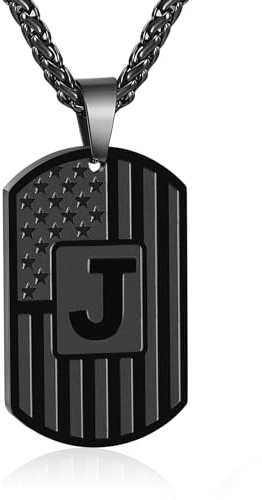 Bellino Initial J Necklace for Men, Letter Dog Tag American Flag Stainless Steel Teen Teenager Him Pendent Chain Alphabet Necklaces Jewelry Birthday Gifts