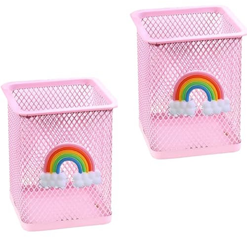 Roysmart Lot de 2 pots à crayons pour enfants, en métal, avec pot à crayons, arc-en-ciel, pour fournitures de bureau, filles, cadeau d'anniversaire (rose)