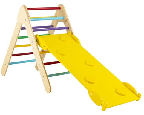 HOMASIS Triangolo da Arrampicata per Bambini con Scivolo Regolabile, Giocattolo Montessoriano per Bambini in Legno, Parco Giochi per Bambini da 1+ anni, 86,5 x 48 x 73,5cm (Colorato)