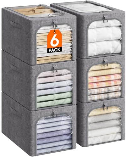 Lifewit - Paquete de 6 contenedores de almacenamiento de ropa con marco de metal, contenedores de almacenamiento de ropa plegables con tapas, cajas de almacenamiento apilables de 40L