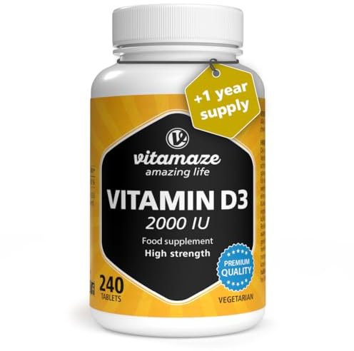 Vitamin D3 2000 IE hochdosiert, Vorrat für über 1 Jahr, 50 mcg reines Cholecalciferol pro 2-Tagesdosis, Sonnenvitamin für Knochen und Immunsystem, Made in Germany