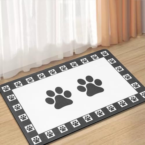 Lurowo Futtermatte für Haustiere, super saugfähig, für Hunde und Katzen, mit rutschfester Gummi-Unterseite, schnell trocknend, waschbar, Napfunterlage für Böden (mehrere Hundepfoten, 40 x 60 cm)
