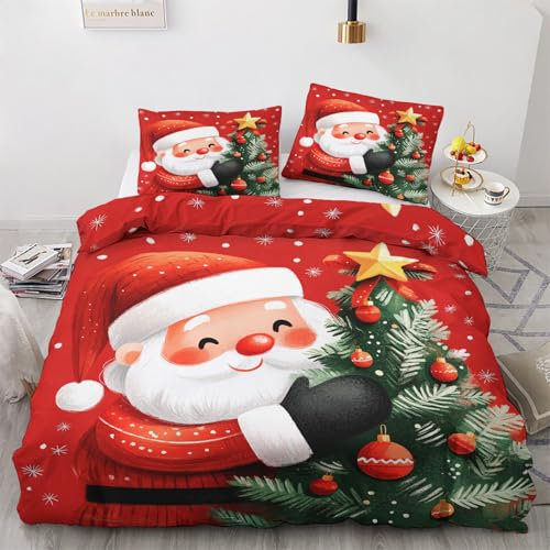 Weihnachten Deko - Winter Bettwäsche 140x200 Weihnachten, Weihnachtsmann Weihnachtsbaum Bettbezug 2er Set mit 1 Kissenbezug 70x90, Weiche Mikrofaser Winterbettwäsche mit Reißverschluss U*&285