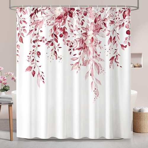 Hopomoon Tenda da Doccia 180x180 cm Antimuffa e Impermeabile, Tenda Vasca da Bagno Lavabile in Tessuto Poliestere, Fantasia Foglie Rosa Acquerello con 12 Ganci, per Arredo Bagno Elegante e Moderno