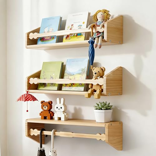 comfoyar Estantería de Pared para Habitación Infantil, Juego de 3 Estanteria Infantil Pared para Libros, Estante Infantil Flotante de Madera para Baño Salón Cocina Dormitorio, Naturales