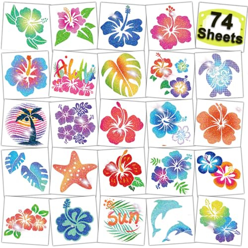 CHARLENT 74 Bögen Glitzer Hibiskus Temporäre Tattoos, Hawaii Motive | Funkelnde Hawaii Blumen Tattoos für Kinder und Frauen, ideal für Aloha Partys, Strandfeste, Geburtstage und Geschenke