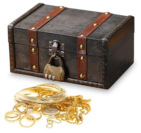 HSMHLYYB Holz Schatztruhe Box, Schatzkiste Holz mit Schloss, Klein Piratenschatztruhe, Vintage Schatztruhe Kinder mit Schloss für Aufbewahrung Kindergeburtstag Dekoration Geschenke(16.7 x 11 x 8 cm)