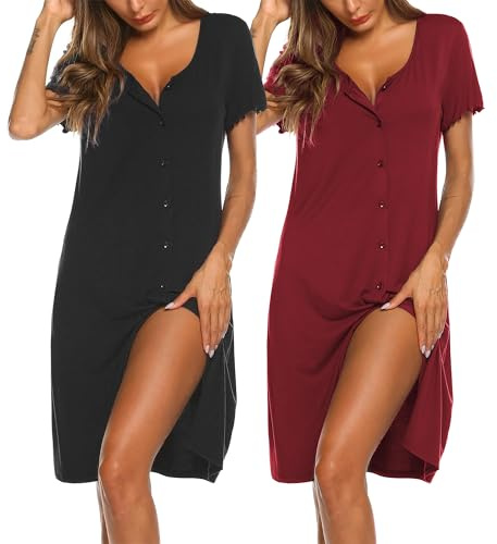 Ekouaer Women's Nightwear Nightdresses Nighties Button Front Nightshirts Summer Short Sleeve 2 Pack, Black + Wine Red M