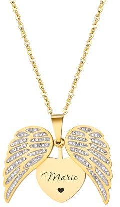yrozvw Collana personalizzata con nome e ali Collana personalizzata con nome e testo inciso Ciondolo con ali d'angelo Regalo personalizzato per lei