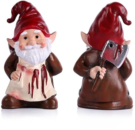 XIYOUQI Horror-Zwerg mit Axt - 14 cm süße und doch gruselige Halloween-Zwergfigur für Innen- und Außenbereich, lustige gruselige Zwergenstatue für Garten, Tisch oder Schreibtisch, Horror-Geschenke