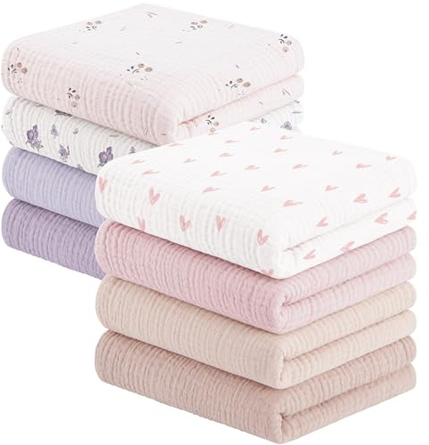 Susurration Mulltücher Baby Spucktücher,8er-Pack 100% Baumwolle Spucktücher Baby für Jungen und Mädchen, Weich, Atmungsaktiv und Extrem Saugfähig Musselin 60x60cm(Rosa-Violett)