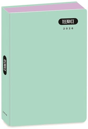 PRESTIGE & DELUXE School Journal Teenace Pastell Line Aqua Green 2025-2026 pocket 16 x 11 cm + paljett nyckelring gåva och flerfärgad penna