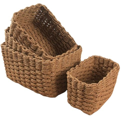 4 Stück Geflochten Aufbewahrungskorb | Kleine Stapelbare Körbchen | Badezimmer Organizer Körbchen im Boho Stil | Besteckkorb für Wohnzimmer, Küchen, Kinderzimmer, Schubladen