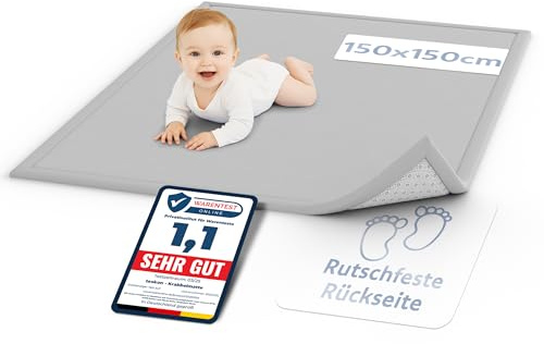 teskon® seidenweiche Krabbelmatte Baby Spielmatte Kinder 150x150x3cm grau
