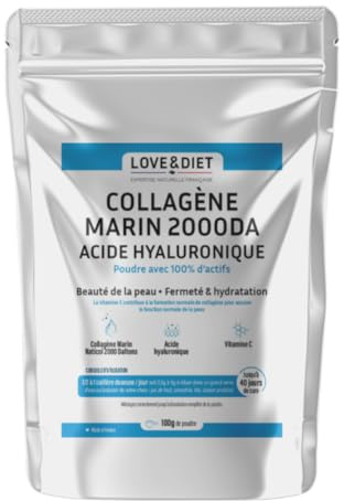 Collagène marin poudre 2000Da – Éclat, Fermeté et Hydratation – Formule Naturelle avec Acide Hyaluronique, Vitamine C – Jusqu'à 40 jours de cure - Made in France - Love&Diet