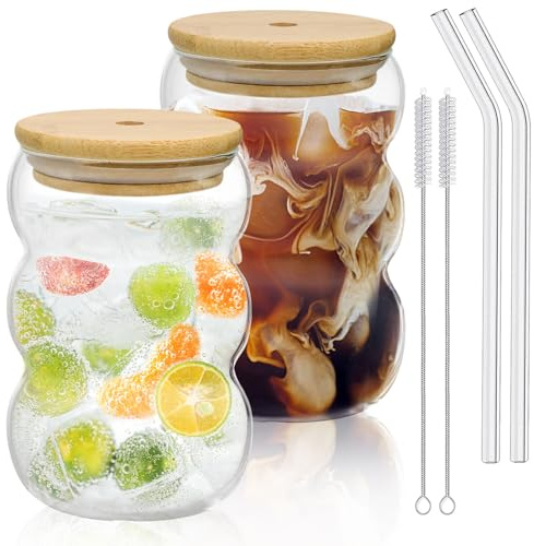 Spetsbst Matcha Latte Glas Set 2pcs 550ml mit Deckel und Strohhalm | Latte Gläser Bubble Glasbecher für Latte Macchiato mit Bürste, Eiskaffee, Ice Coffee und Cocktails, Spülmaschinenfest