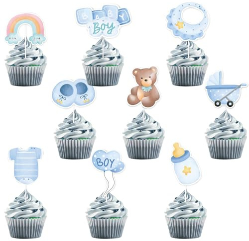 18 Stycken Baby Shower Tårtdekorationer | Baby Shower Tårtdekorationer | Pojke Björn Regnbåge Kläder Cupcake Dekorationer för Födelsedagsfest Blå