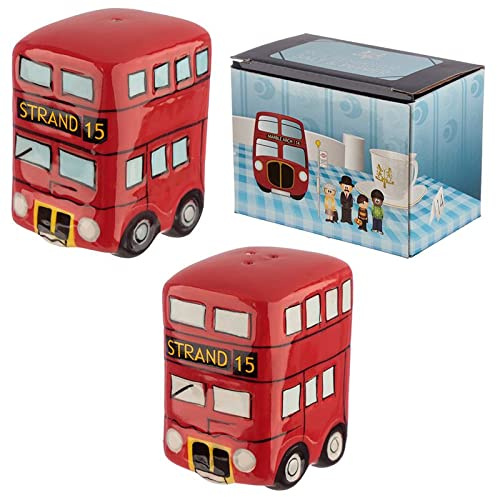 TENLITE London Bus Salt and Pepper Shaker Set – Red Double Decker Ceramic Spice Shakers Souvenir Gift, British UK Kitchen Decor, Novelty London Themed Tableware Collectible Keepsake.