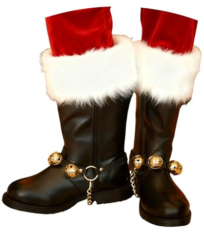Stivali da Babbo Natale da Uomo - Stivali da combattimento a Mollet Large con polsini bianchi morbidi e campane in ottone, per costume di carnevale e Natale, scarpe accessori per cosplay, Le Noir, 43