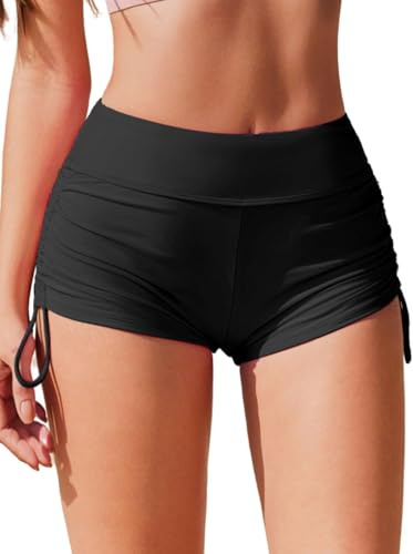 Ekouaer Dambadshorts hög midja justerbara rynkade sidoslips bikini underdel baddräkt bräda pojke shorts för damer S-XXL, Svart, XXL