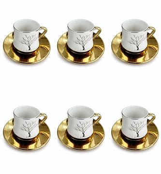 VKZ Set 6 Tazze da Caffè e Tè in Ceramica da 120 ml con Piattini, Servizio da Caffè, Tazza e piattino dal design elegante dorato