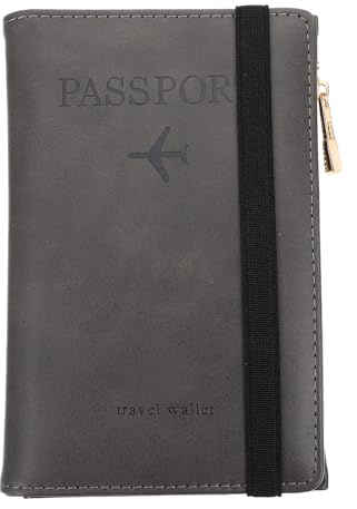 ifundom Rfid Passport Cover and Cards Holder Pu Leather Protective Wallet for Travel, Zippered Passport Case with Id and Certificate Slots, Dark Gray