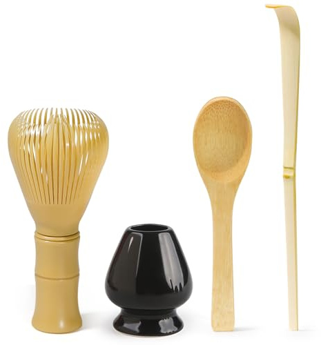 4pcs Matcha Set, Matcha Whisk Set - Yellow Resin Matcha Whisk, Bright Black Whisk Stand, Long & Round Bamboo Scoop - Traditional Japanese Tea Ceremony Set, Perfect for Home Use or as a Gift
