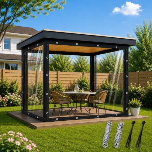 XIAOZHIFU Lona Transparente Exterior 2×2M, 420g/m² PVC Lona Impermeable Transparente con Ojales、20 Abrazaderas de Cable y 10 m Cuerda, PVC Transparente para Jardín、Invernadero、Terraza