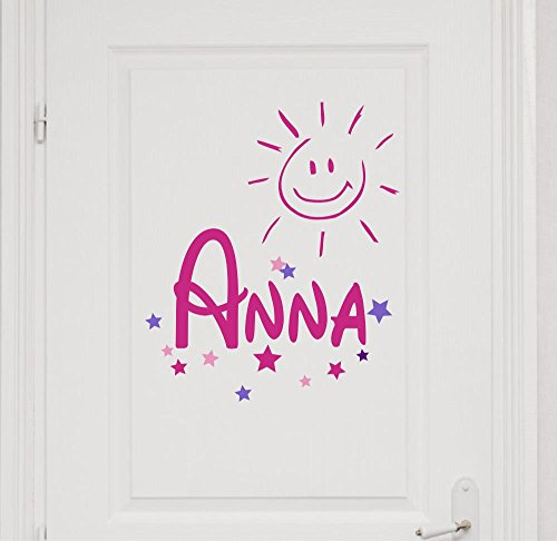 Türaufkleber mit Wunschnamen 73040-29cm-tricolore-pink, Sterne und Sonne fürs Mädchenzimmer, Kinderzimmer Mädchen, Kinderaufkleber, Wandtattoo mit Namen Aufkleber Namensaufkleber