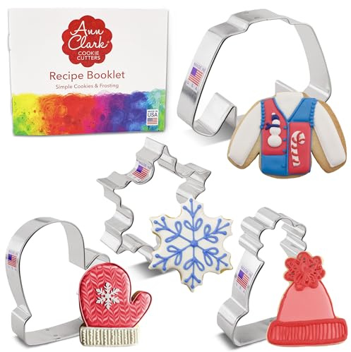 Ann Clark Winter and Christmas Cookie Cutters 4-Pc Set (Snowflake, Sweater, Mitten, Winter Hat) Made in USA