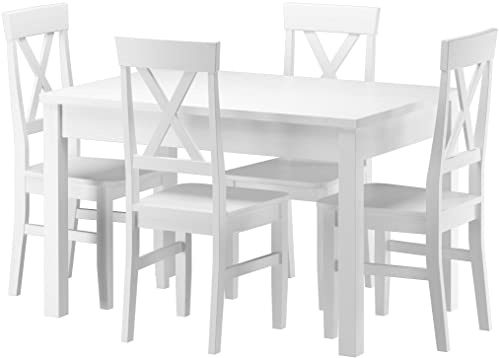 Erst-Holz Massivholz-Essgruppe mit Tisch und 4 Stühlen Kiefer Waschweiß