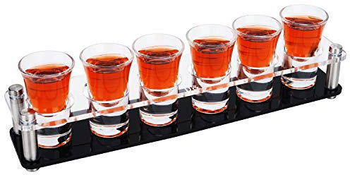 D&Z Shot Glass Holder with 6 Heavy-Base 1 oz (30 ml) Shooter Glasses, Assembled Acrylic Server for Restaurant, Bar, Family Gathering, Tasting Glass for Tequila, Vodka, Whiskey, Beer, Wine, Soju
