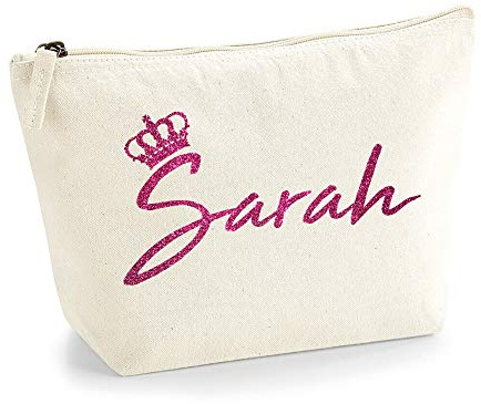 Personalisiert Name Initialen & Königin Krone Kosmetiktasche Damen Schminktasche für Handtasche Makeup Tasche mit Texturdruck - Rosa Glitzer - S - Natürlich