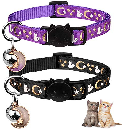 Lot de 2 Colliers pour Chat avec Cloche, Lune, étoiles, Collier réglable et sûr avec Pendentif Phosphorescent (Noir et Violet)