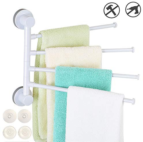 QOSE Schwenkbarer Handtuchhalter mit Saugnäpfen, Wandmontage Handtuchhalter, Badezimmer-Handtuchhalter mit 4 drehbaren Stangen und 4 Saugnäpfen für Küche, Bad, WC (2 Installationsmethoden)