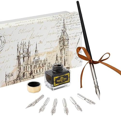 VAN NASSAU FINE ART Set di penne stilografiche per calligrafia | Con 7 diversi pennini e inchiostro nero | In confezione regalo elegante | Per scrivere | Calamaio e pennino | Per bambini e adulti